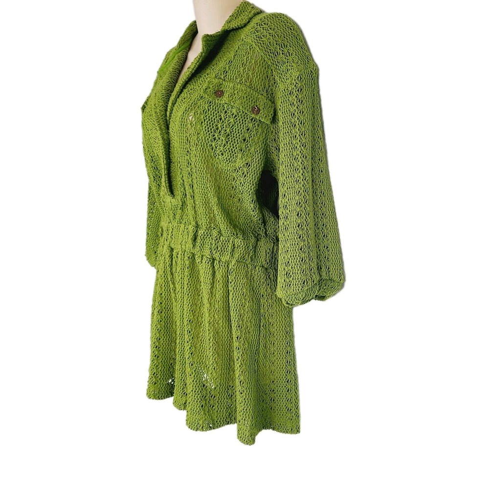 Free People Beach Romper Green Open Knit Button Front 3/4 Sleeve Stretch S Boho‎ - Picture 4 of 11